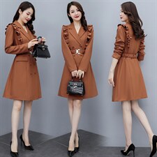 现货风衣2021秋季时尚简约大方气质优雅收腰显瘦修身百搭风衣裙，女装风衣，丽美静依