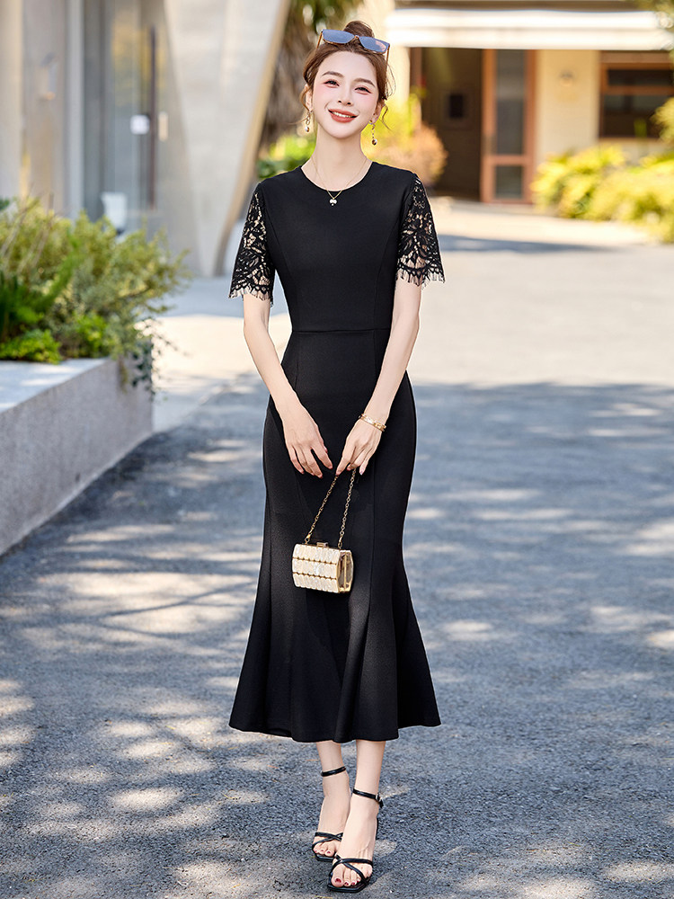 法式蕾丝拼接连衣裙女2025年夏装新款气质名媛修身黑色包臀鱼尾裙,女装连衣裙,布芭啦