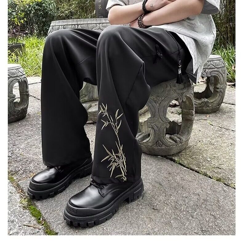新中式风竹子刺绣男款夏季潮流休闲裤宽松阔腿直筒男装裤子图片