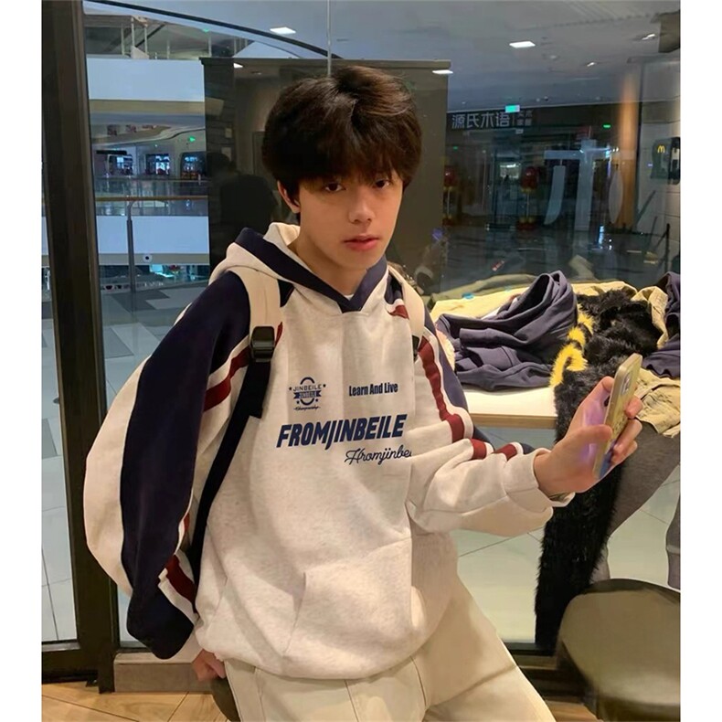 抖音得物秋装美式重磅全棉拼接撞色连帽卫印花衣外套A3206，女装短外套，电商A443