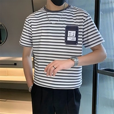 条纹短袖T恤男口袋装饰贴标绣潮流百搭男士透气上衣G33，男装T恤，星座1116A-2（原606A-1）