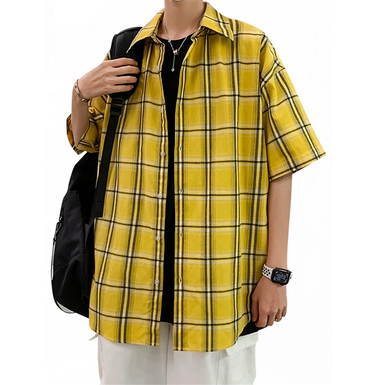 21年夏季短袖衬衫男宽松落肩港风格子衬衫男DS-C407-CS307-P35,男装衬衫,电商C323-1