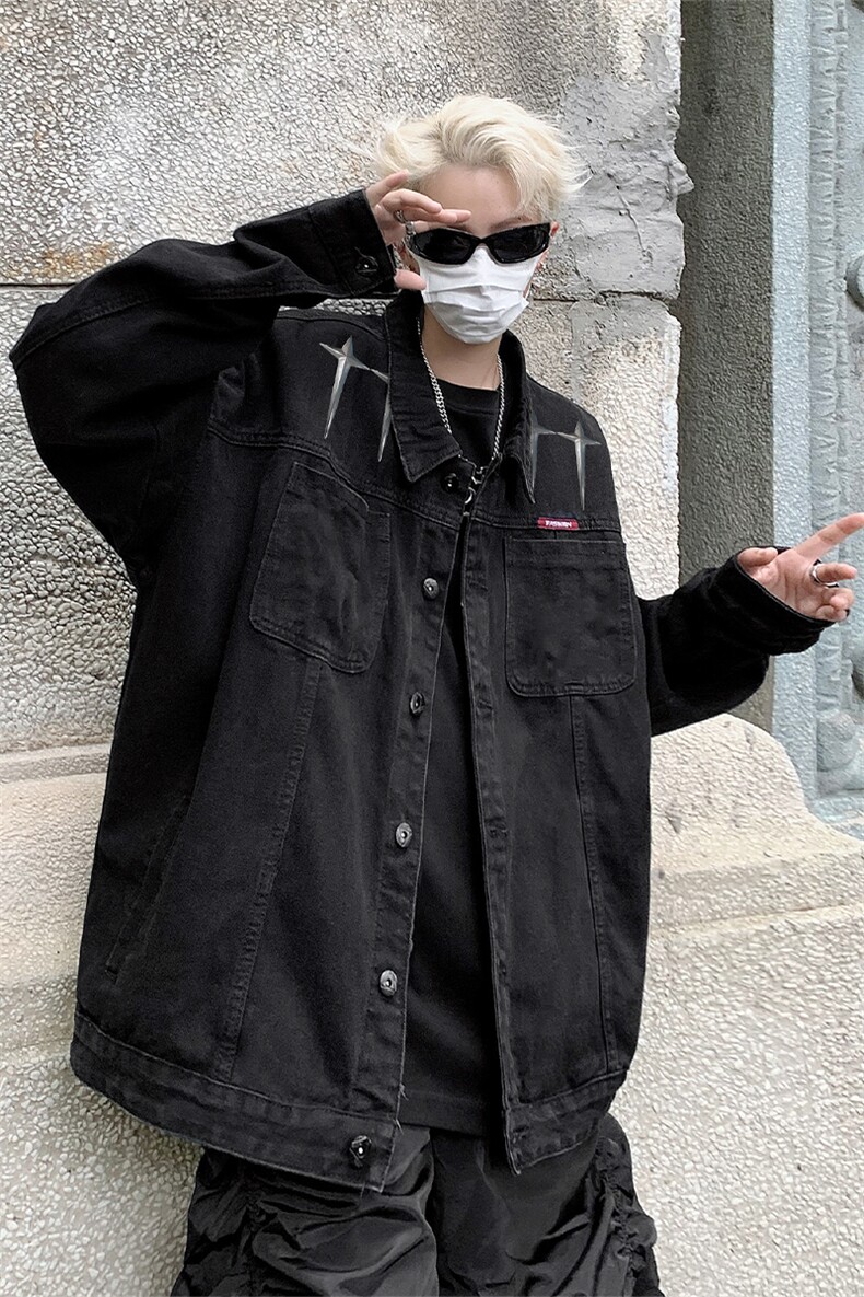 男装牛仔外套2026秋季几何绣标印花男生翻领夹克XZ514-2-N100-P88,男装工装外套,星座514-2(原B239)