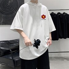 LD54257-P45连帽短袖t恤男大码胖子带帽五分袖中袖大皂风,男装T恤,电商A040