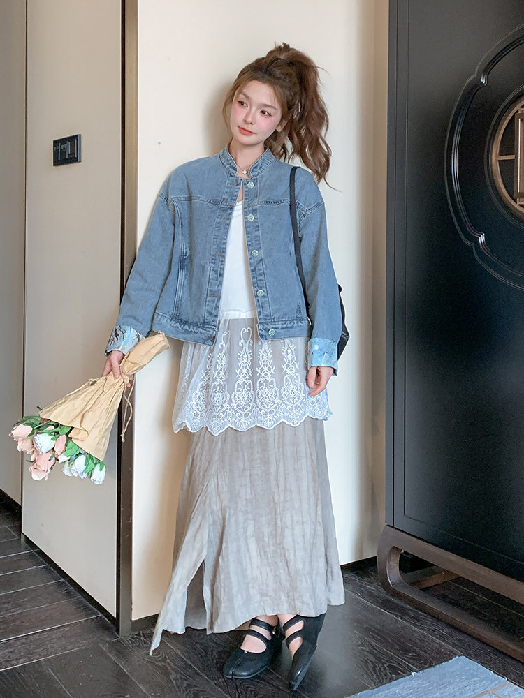 蓝色新中式国风一整套穿搭女2025春季牛仔外套叠穿蕾丝内搭,女装短外套,浙宝192（原082）