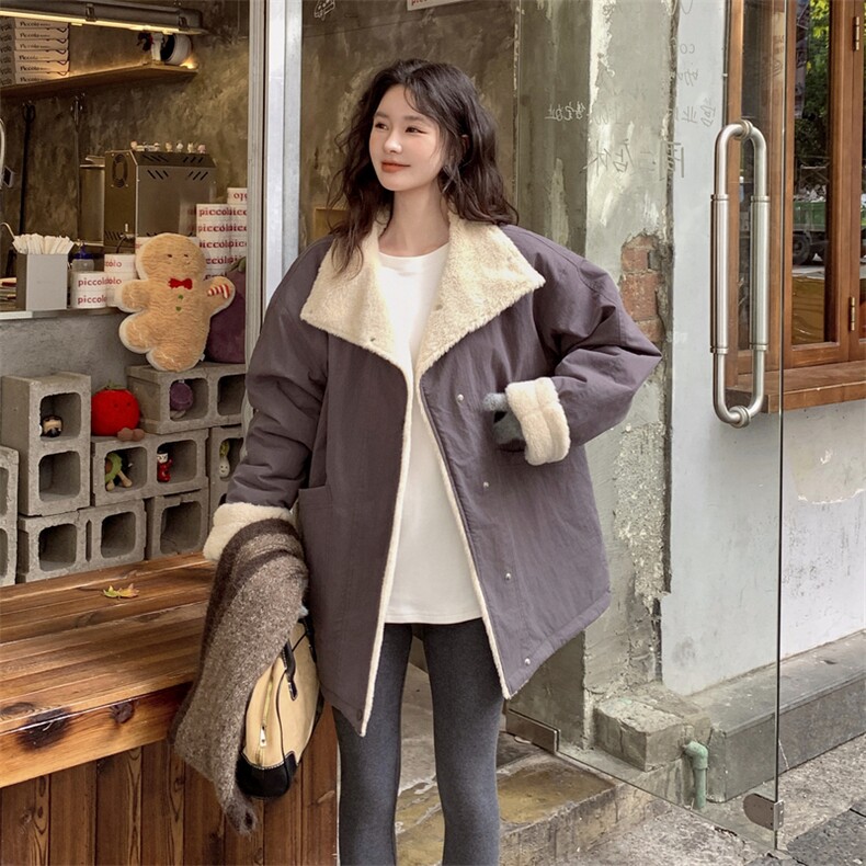 暗紫色羊羔毛外套派克服女冬季小个子中长款棉衣棉袄,女装棉衣/棉服,2C120