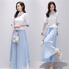 民族风女套装2024夏季新款复古中国风刺绣改良旗袍汉服裙裤两件套，女装套装/套裙，芷墨服饰