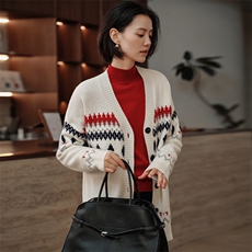 重工费尔岛提花~宽松100%纯山羊绒开衫2025秋冬V领女加厚针织外套，女装羊绒衫，绒知纯羊绒
