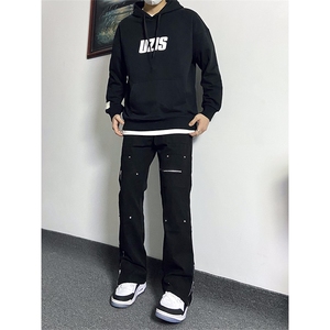 纯黑色拉链设计感牛仔裤秋冬款cleanfit显瘦微喇裤子KZA41-P65图片