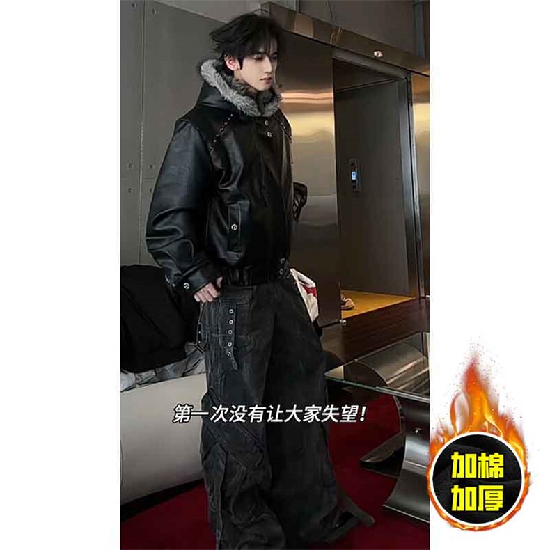 现货冬季美式潮牌痞帅PU皮机车服棉衣毛毛绒狼王座山雕皮棉服,男装棉衣,电商A486-1