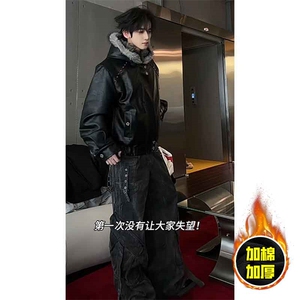 现货冬季美式潮牌痞帅PU皮机车服棉衣毛毛绒狼王座山雕皮棉服图片