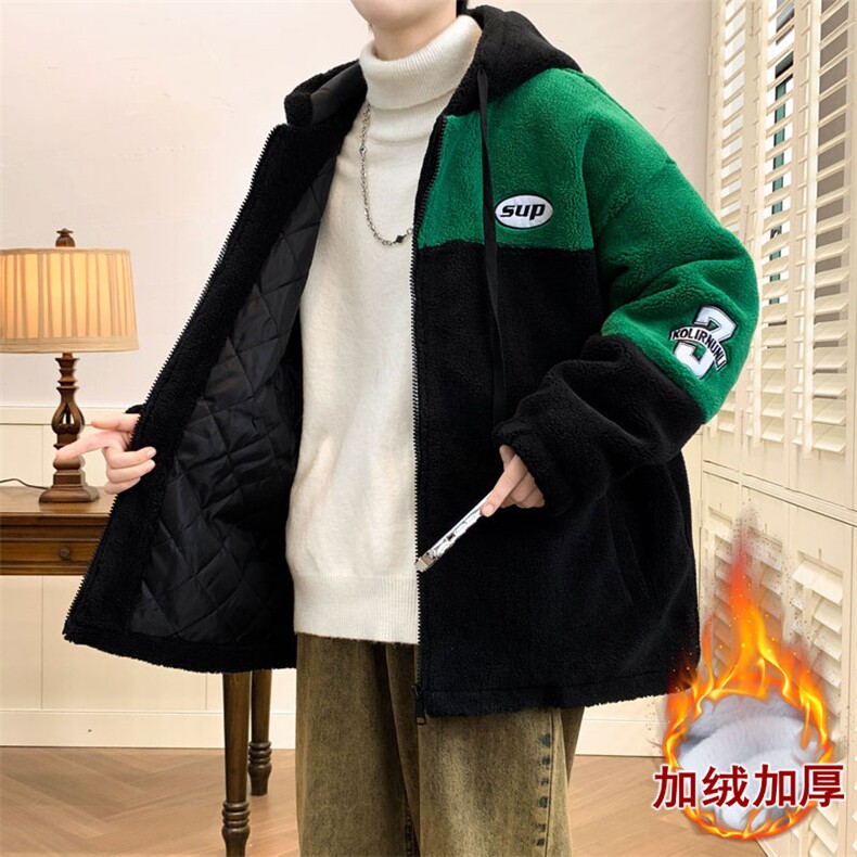 羊羔毛加厚棉衣外套男冬季新款港风棉袄撞色连帽棉服M66加厚-P98，男装棉衣，电商A320A