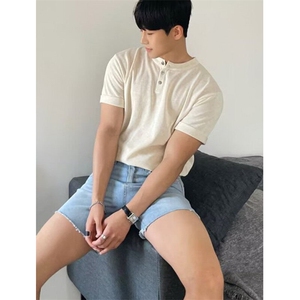 欧货半高领针织衫肌肉男硬汉紧身弹力短袖莫代尔条纹t恤 Z04图片