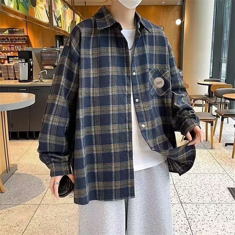 格子衬衫男春秋2025新款日系复古长袖衬衣男士高端宽松休闲外套潮，男装衬衫，星座601-1