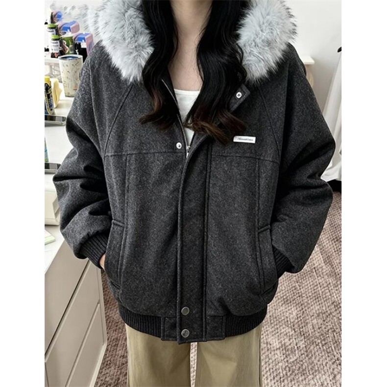 双拉链灰色连帽卫衣女秋冬宽松慵懒风开衫百搭短外套MF2259,女装短外套,星座1116A（原606A-3）