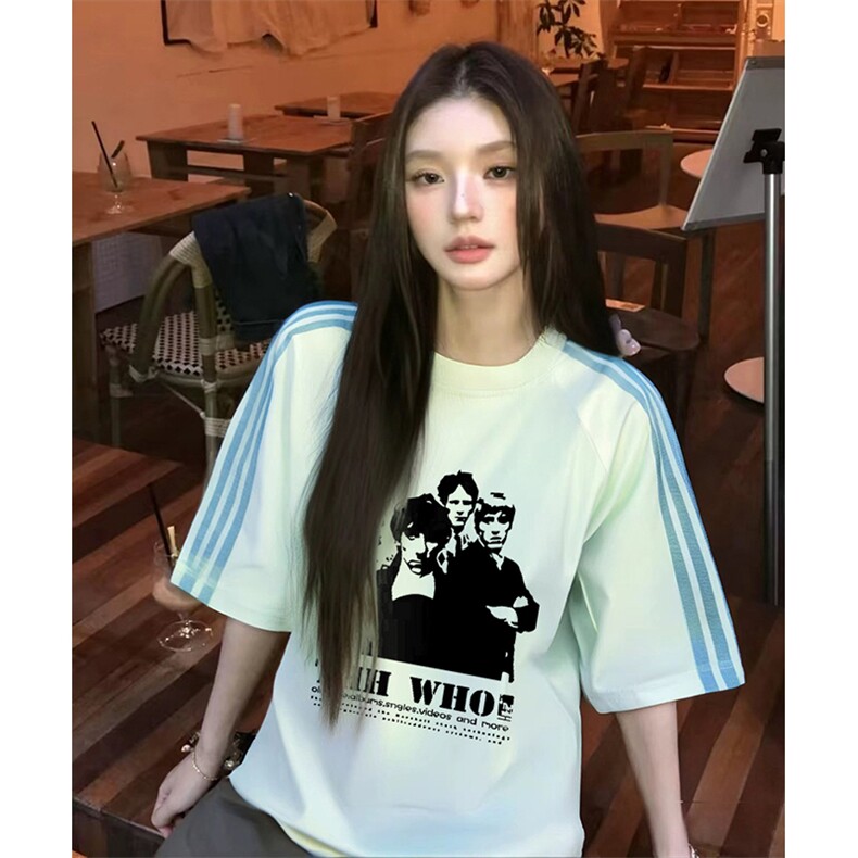 抖音得物品质二开240克宽松纯棉美式潮牌印花三条杠中性风短袖T恤,男装T恤,电商A486-1