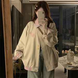 2025新款日系格子拼接翻领外套女设计感秋季开衫夹克C841-P100图片
