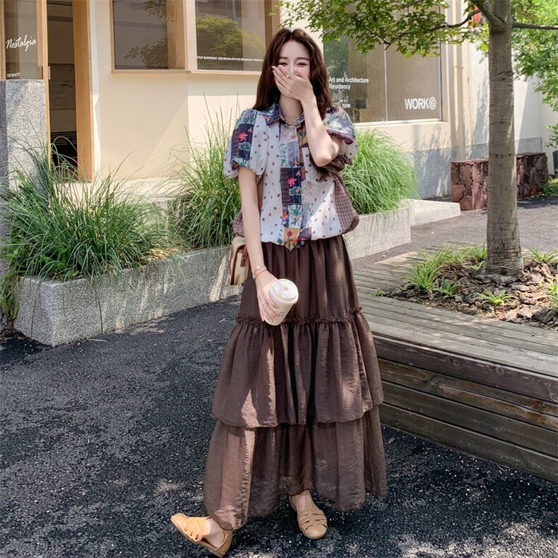 松弛慵懒风时尚套装女2025夏季新款韩系复古印花衬衫半身裙两件套,女装套装/套裙,2C211
