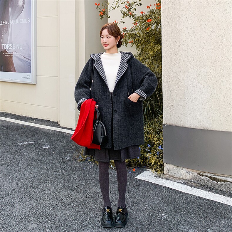 拼接格纹连帽双面呢羊毛大衣2025新款女冬超好看中长款毛呢厚外套,女装毛呢外套,1C151