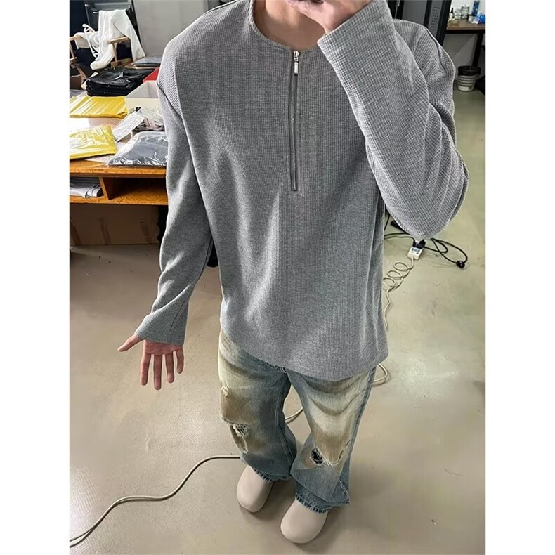 半拉链华夫格纯色长袖男氛围感上衣ins春秋慵懒风休闲卫衣情侣款图片