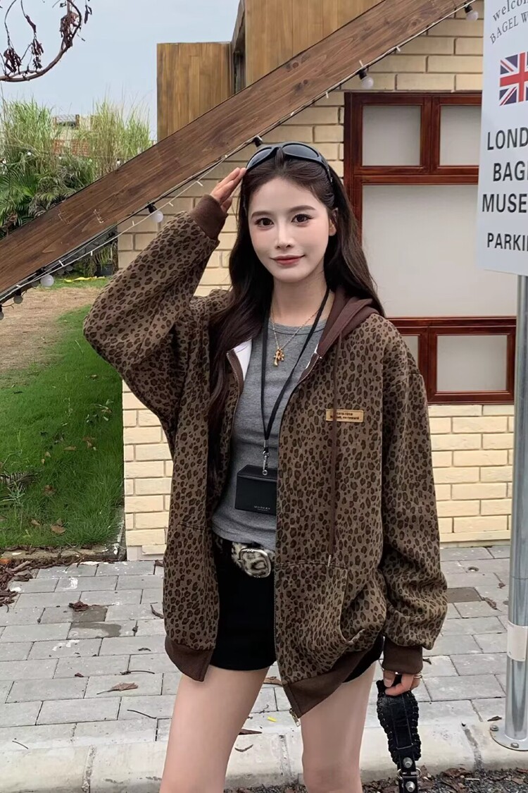 卫衣外套女2025新款春季连帽宽松宽松豹纹开衫上衣女装套头,女装短外套,星座218-8