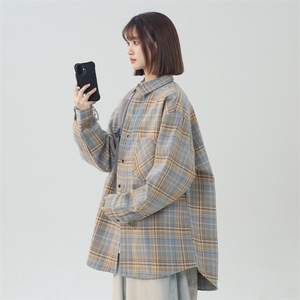 复古撞色磨毛格子长袖衬衫男春秋潮牌宽松休闲衬衣外套CS850-P25图片