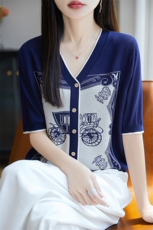 夏季新款时尚蓝色复古马车V领假开衫女修身显瘦百搭休闲上衣，女装针织衫/毛衣，暖姿羊绒