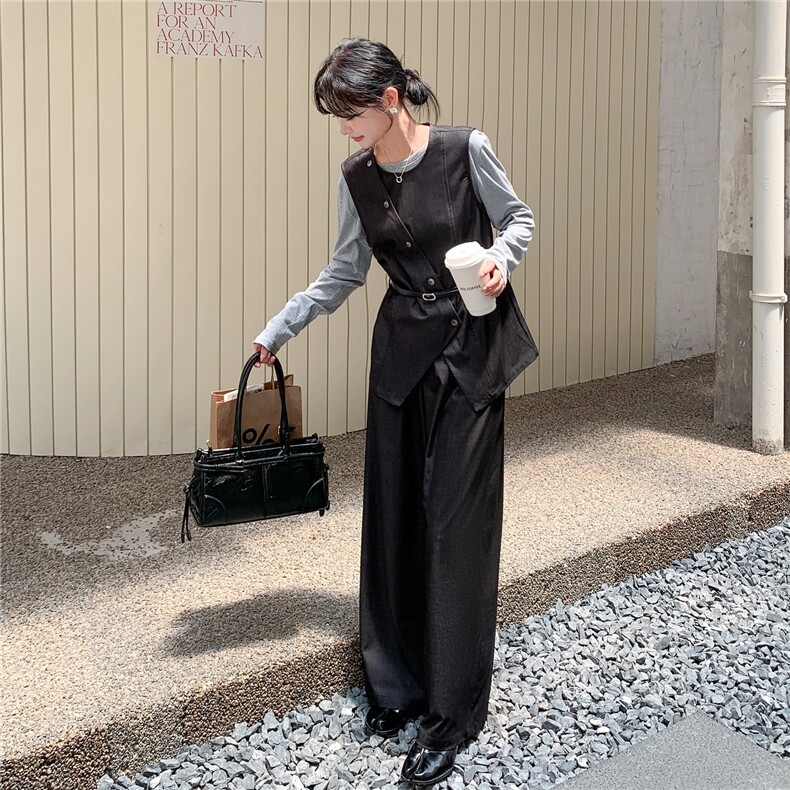 韩系淡人穿搭气质一整套女2025秋季不规则马甲打底衫阔腿裤三件套,女装套装/套裙,2C057