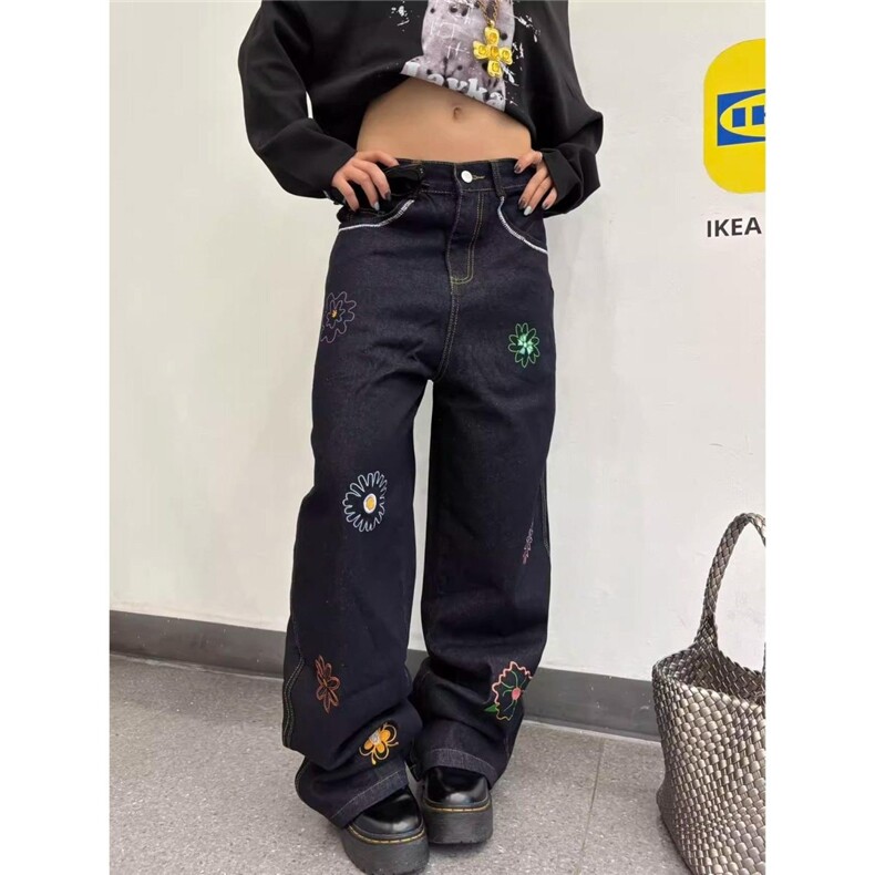 美式高街复古花卉刺绣黑色牛仔裤男女宽松显瘦百搭阔腿直筒拖地长,男装牛仔裤,四季星座505