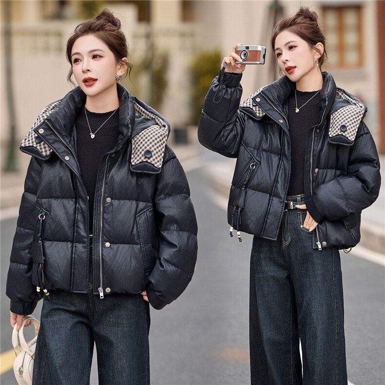 2025年冬季pu皮90白鸭绒连帽羽绒服,女装羽绒服,艾尚靓装