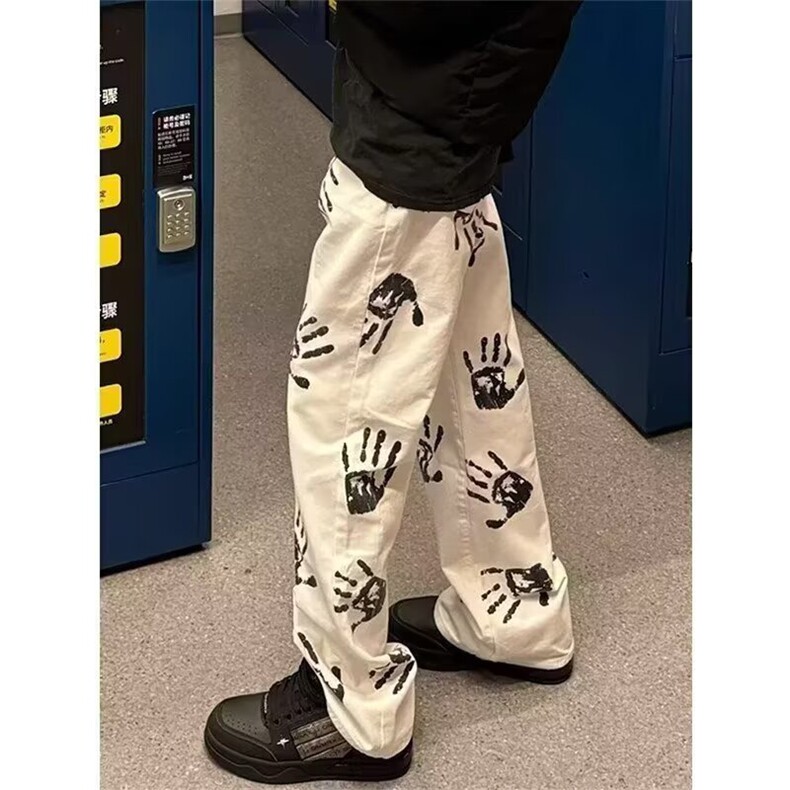 美式高街手掌印花男女hiphop潮牌炸街微喇牛仔裤设计感L66222-P41,男装牛仔裤,星座1008