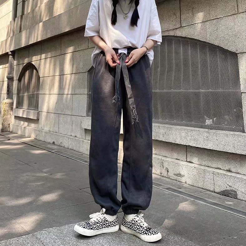 高街灰色休闲裤子男抽绳vibe风垂坠感直筒A682P32,男装休闲裤,星座1116-2