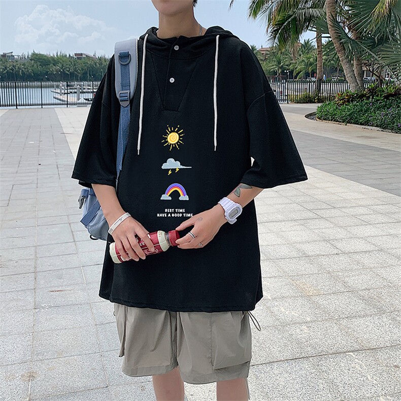 LD54141-P45连帽短袖t恤男大码胖子带帽五分袖中袖,男装T恤,电商A040
