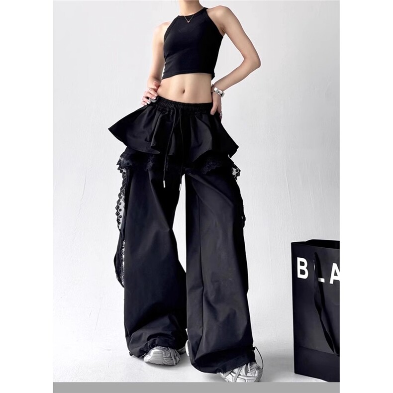 春夏气质蕾丝飘带裙摆边工装裤假两件宽松阔腿休闲长裤女，女装休闲裤，星座1210-1