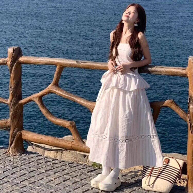 2025夏日海边度假风抹胸蝴蝶结系带气质连衣裙女学生收腰显瘦长裙,女装连衣裙,星座1210-1