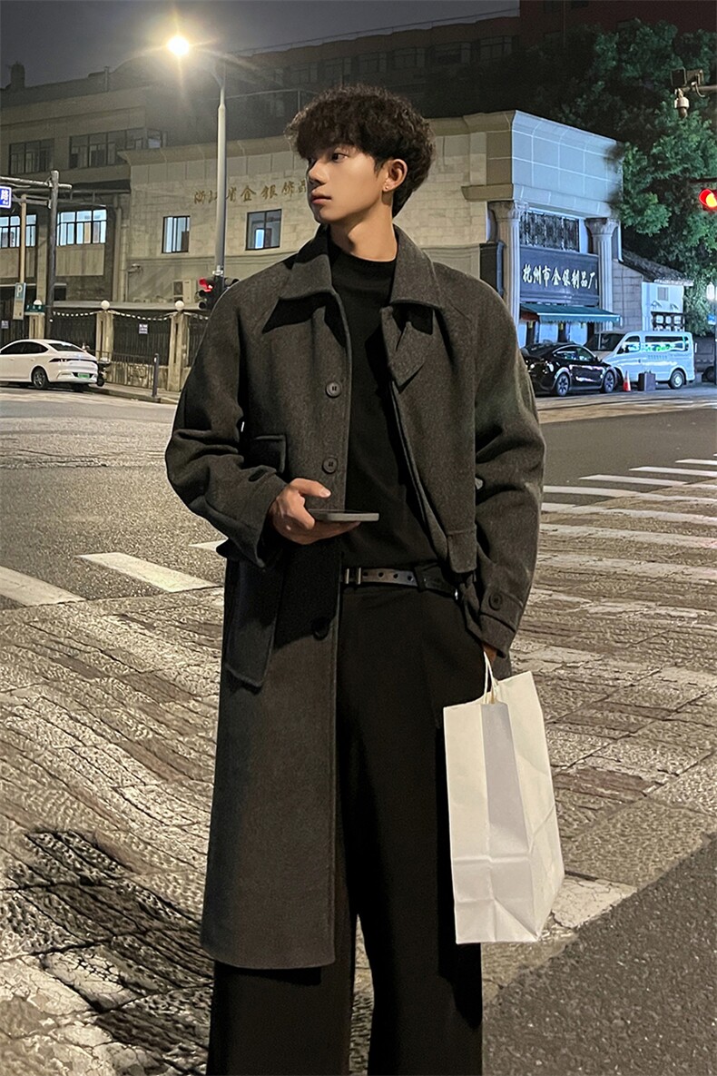 秋冬时尚毛呢大衣男韩系潮流宽松风衣中长款过膝外套MN00330/P135,男装风衣,电商B316