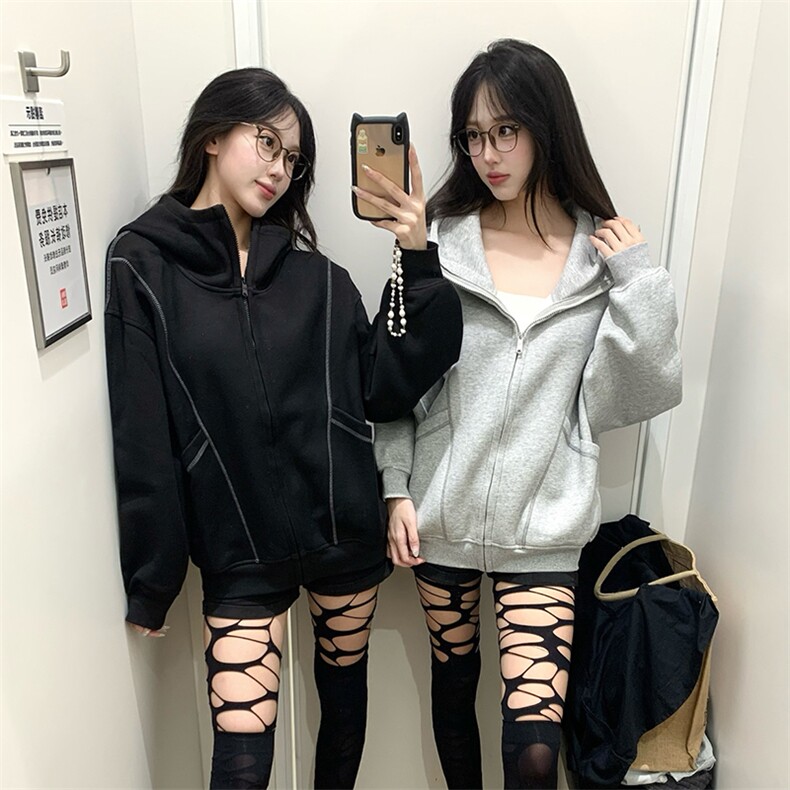 抖音得物高品质秋冬美式高街重磅结构辑明线纹理连帽卫衣外套W111,女装短外套,电商A486-1