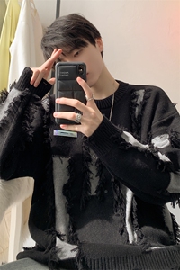 男生新款针织打底衫秋冬宽松慵懒风拼接套头毛衣XZ514-2-MY22-P98图片