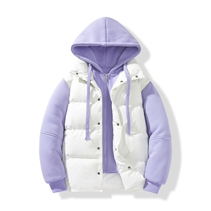 新款假两件棉服男加厚羽绒棉衣情侣款连帽拼色连帽外套M092-P75图片