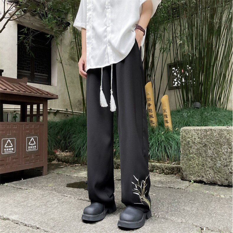 DK2838-P40风竹子刺绣夏季新款男直筒宽松休闲潮牌韩版百搭长裤图片