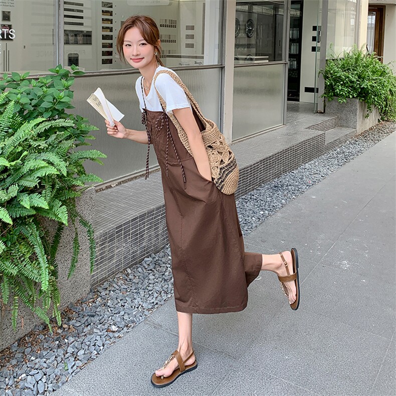 韩版盐系学院风背带连衣裙套装女夏季2025新款时尚休闲T恤两件套,女装套装/套裙,幸运星