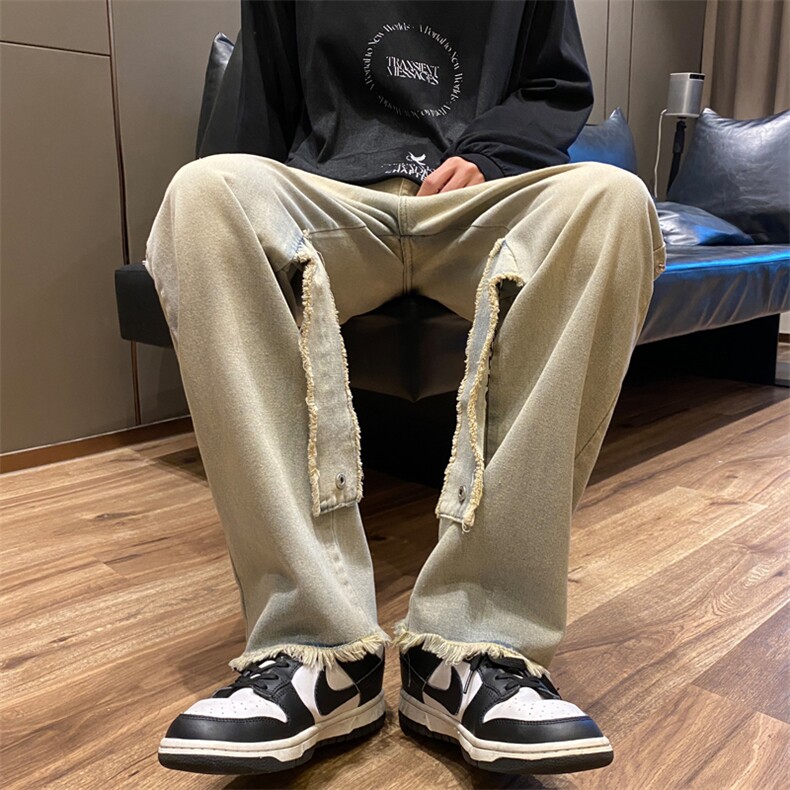 美式复古高街黄泥染水洗做旧牛仔裤男ins潮宽松直筒长裤N0635-P45,男装牛仔裤,星座308B-1