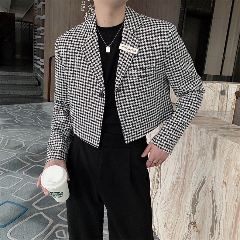 春装新款韩版网红小众短款千鸟格西装上衣外套男 XZ051-P115控135图片