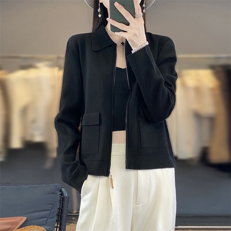 2025年秋季长袖修身型polo领夹克外套,女装短外套,巧奈羊绒