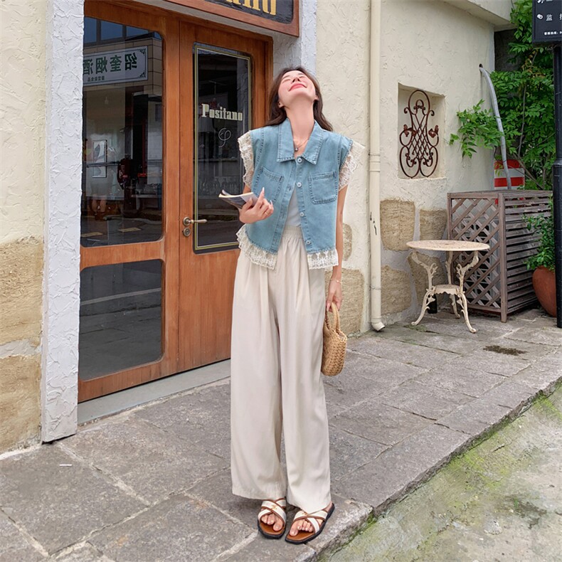 韩版减龄蕾丝边牛仔马甲上衣套装女2025夏季新款显瘦阔腿裤两件套,女装套装/套裙,多米2-075
