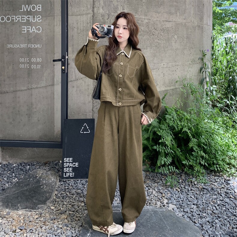 绿色时尚甜酷风套装裤女2025年秋季日系简约绣花外套阔腿裤两件套,女装套装/套裙,2C273