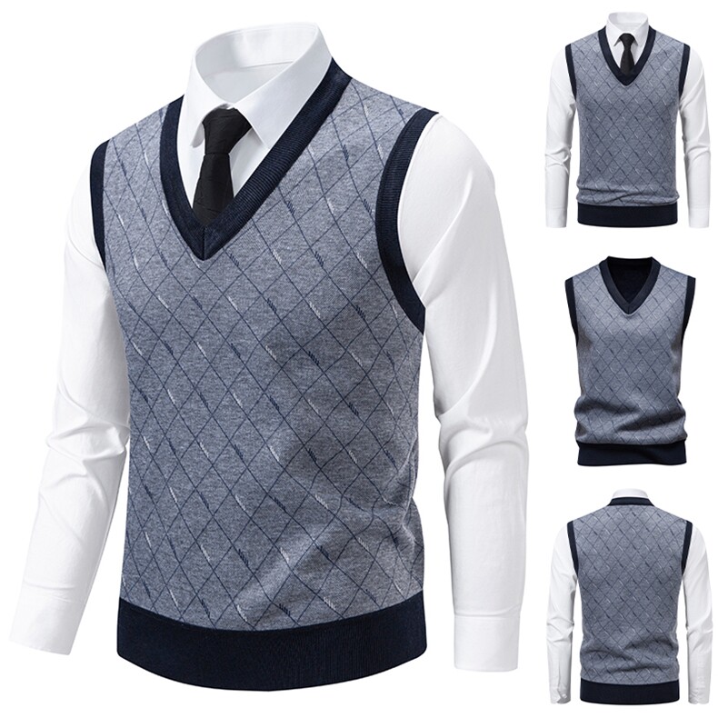 秋冬季加绒休闲爸爸装格子马甲套头宽松中老年款坎肩毛衣背心M31，男装针织衫/毛衣，星座1706