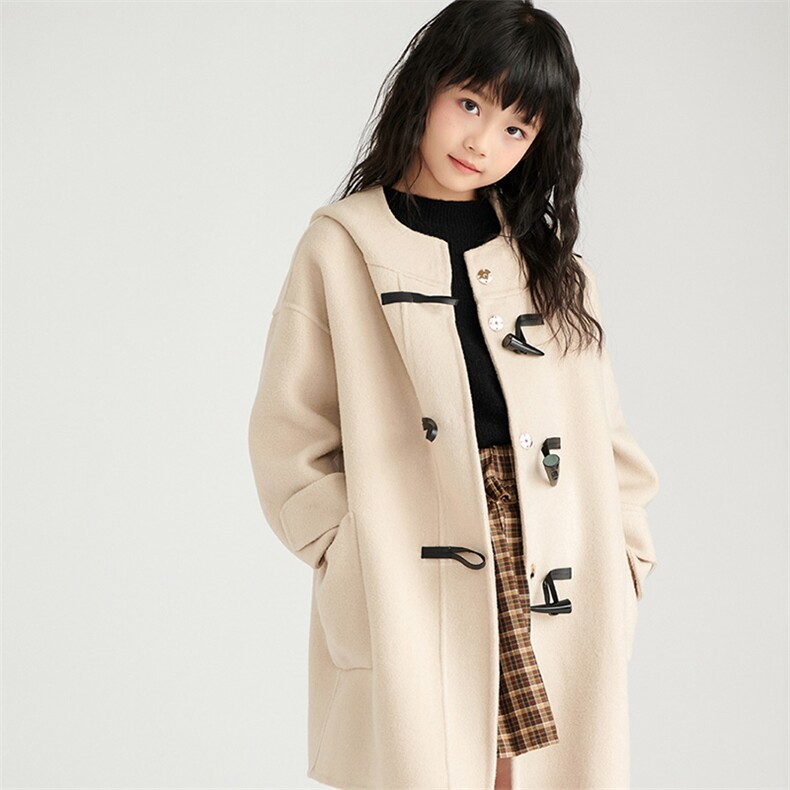 [羊毛]秋冬儿童羊毛大衣长款连帽牛角扣，童装外套，鑫贝羊绒