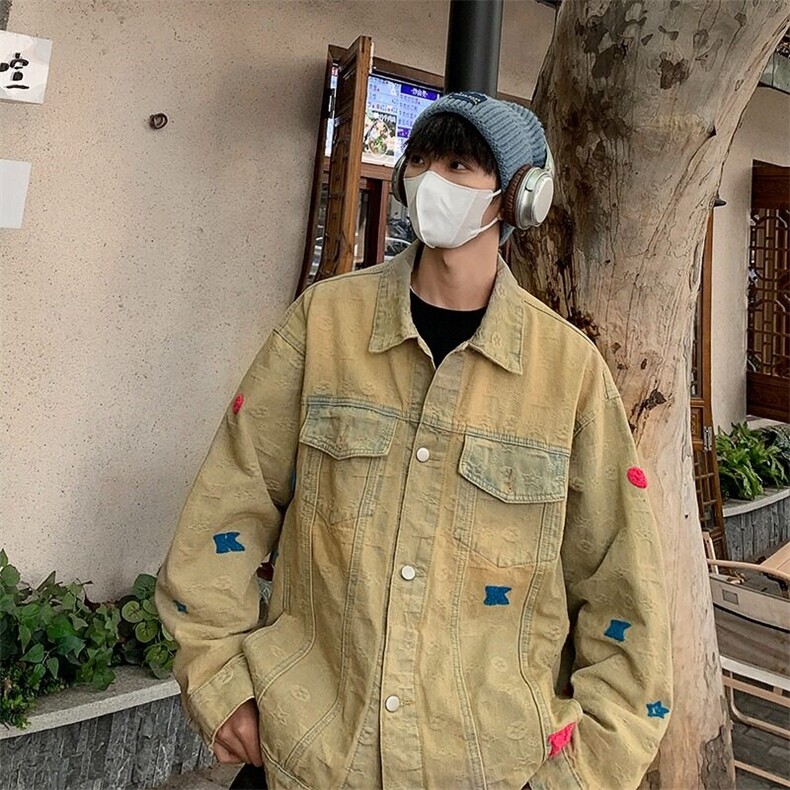 美式水洗做旧牛仔外套男女宽松秋季款ins刺绣提花夹克泥黄色翻领,男装夹克,星座1013
