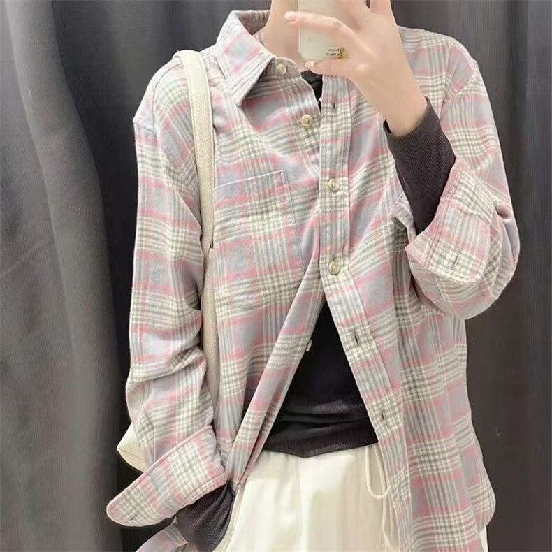 美拉德复古格子撞色长袖衬衫女2025棉早春新款设计感小众宽松外套,男装衬衫,星座1210-1
